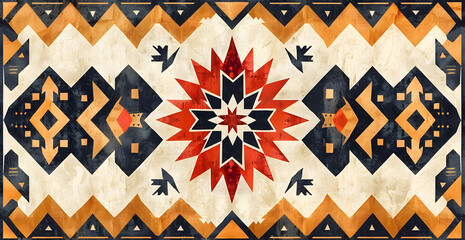 A colorful, abstract design with a red star in the center