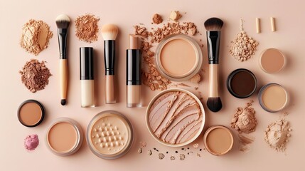aesthetic flat lay of liquid foundations makeup brushes swatches face powder beauty photography