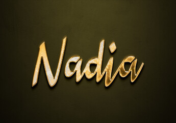 Old gold text effect of Arabic name Nadia with 3D glossy style Mockup.