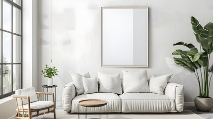 Mockup of a blank picture frame on a white wall. Design of white living room. View of a contemporary Scandinavian interior including a mock-up of an artwork on the wall. The idea of simplicity and hom