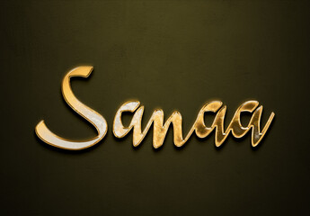 Old gold text effect of Arabic name Sanaa with 3D glossy style Mockup.