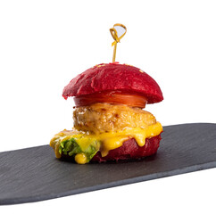 Children's delicious burger with red bun on a white background
