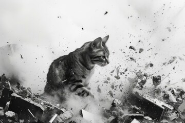 Dramatic black and white image of a cat emerging from an explosion of debris