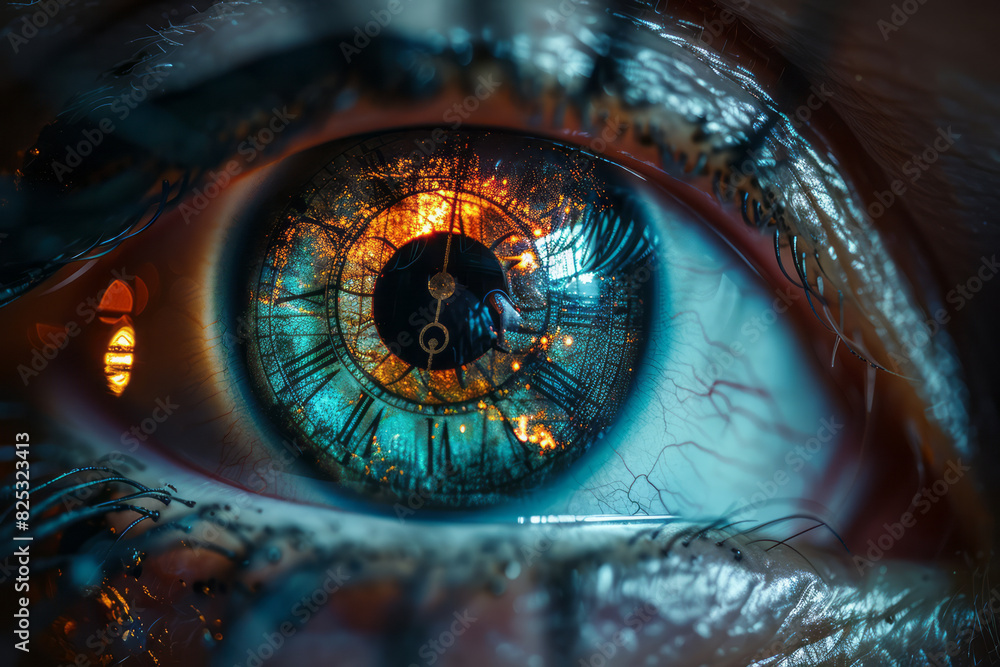 Poster an eye with a clock as its pupil, symbolizing the perception of time and the importance of vision in