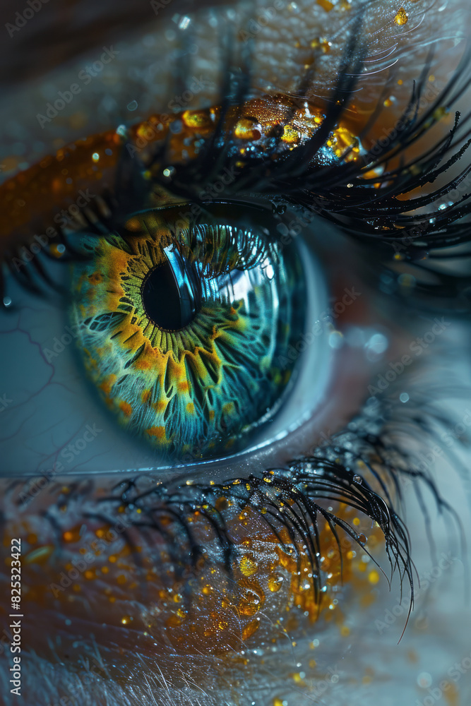 Poster an exaggerated eye with fractal patterns, illustrating the complexity and beauty of the visual proce