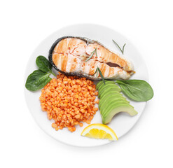 Plate with healthy food high in vegetable fats isolated on white, top view