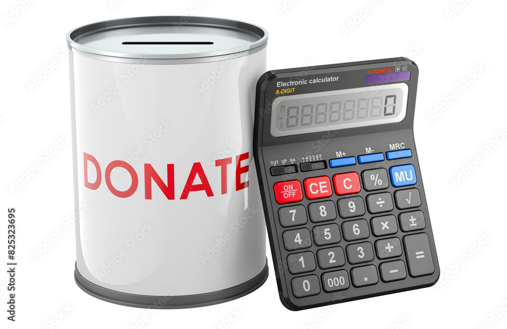 Poster donation can with calculator, 3d rendering isolated on transparent background