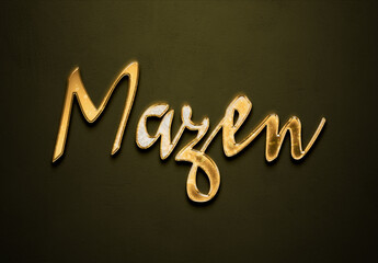Old gold text effect of Arabic name Mazen with 3D glossy style Mockup.