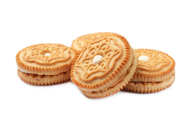 Many tasty sandwich cookies isolated on white