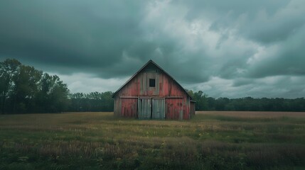 Fototapeta premium Rustic old barn surrounded by grassland and forest landscape.