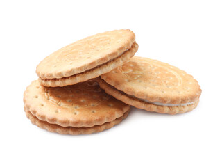 Many tasty sandwich cookies isolated on white