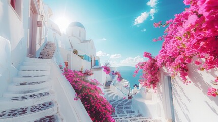 Summer vacation panorama, luxury famous Europe destination. White architecture in Santorini island,...