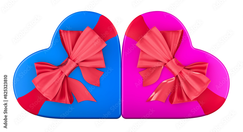 Poster gift boxes in the shape of heart with red bows. 3d rendering isolated on transparent background