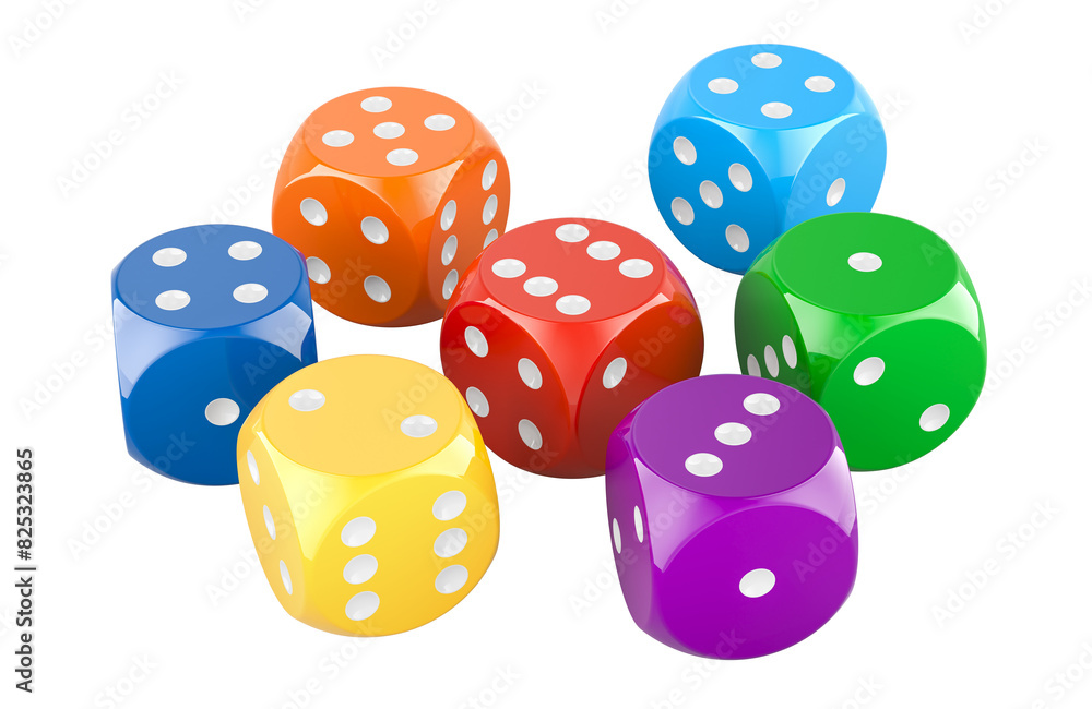 Poster set of colored dice, 3d rendering isolated on transparent background