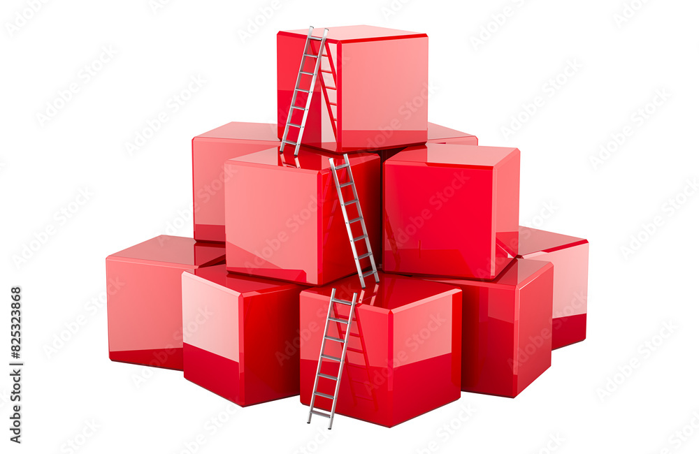 Poster stairs with red blocks, cubes. business success concept. 3d rendering isolated on transparent backgr