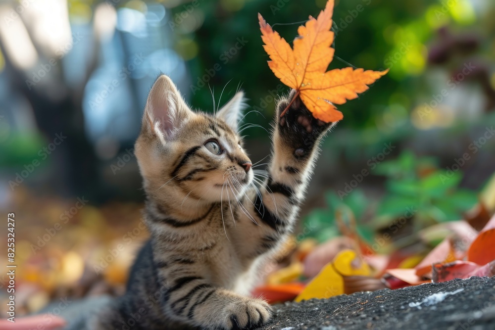 Wall mural curious tabby kitten touches a fallen maple leaf on a sunny autumn day