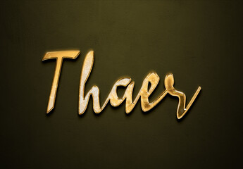 Old gold text effect of Arabic name Thaer with 3D glossy style Mockup.
