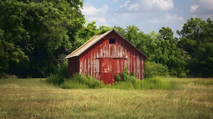 Rustic old barn surrounded by grassland and forest landscape.