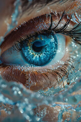 An eye with waves and water elements flowing through it, representing the fluidity and health of clear vision,