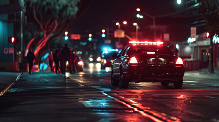 A police car is driving down a street at night