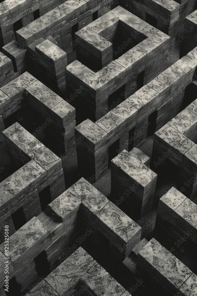 Poster minimalist isometric design with staggered rectangles forming a maze-like pattern,