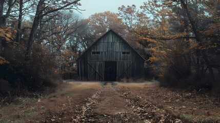 Rustic old barn surrounded by grassland and forest landscape.