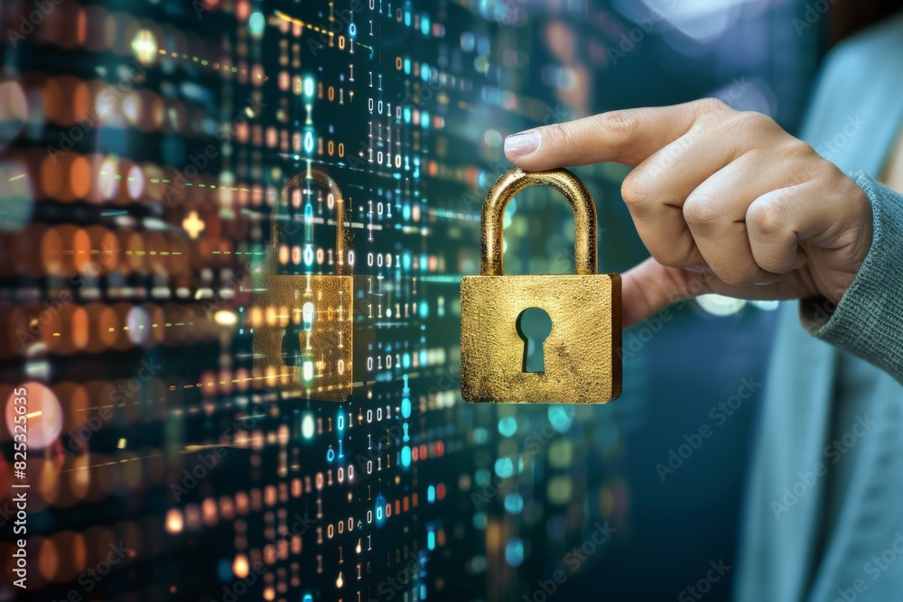 Poster high tech cloud security illustration depicting data protection and network integration in a blue an