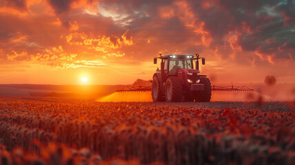 Fototapeta premium Irrigation tractor at sunset, showcasing tech role in modern agriculture and food sustainability,generative ai