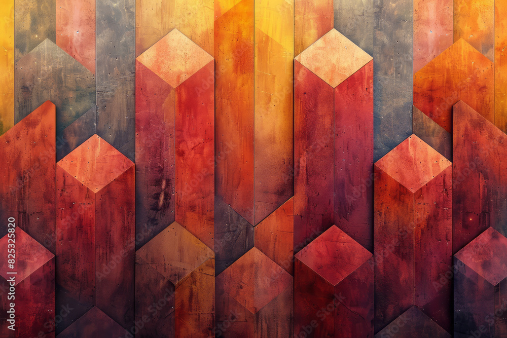 Poster seamless isometric pattern of staggered trapezoids in a gradient of warm colors,
