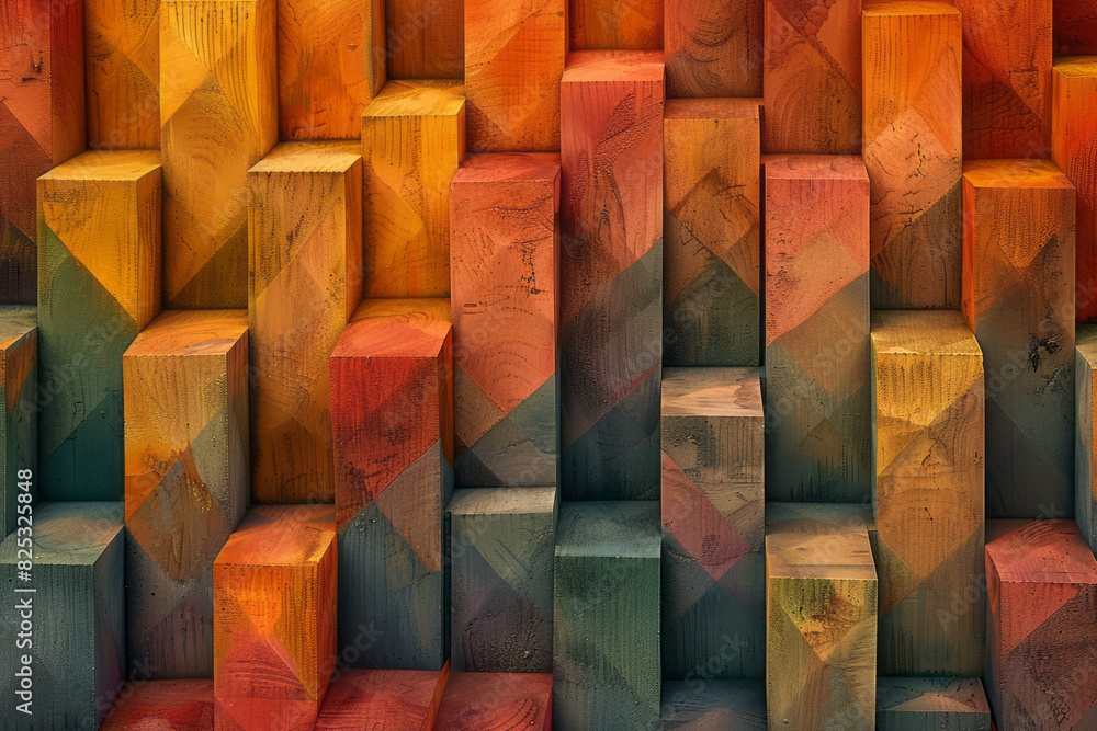 Poster seamless isometric pattern of staggered trapezoids in a gradient of warm colors,