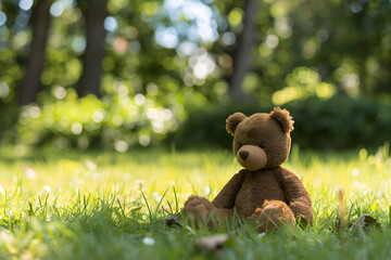 A lonely brown bear doll sitting alone in a park on International Missing Children Day, representing the concept of lost toys and loneliness.