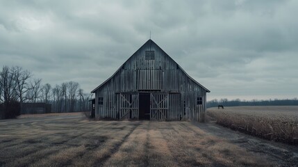 Rustic old barn surrounded by grassland and forest landscape.