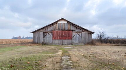 Obraz premium Rustic old barn surrounded by grassland and forest landscape.