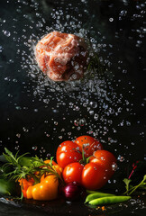 food ingredients and vegetables falling into water