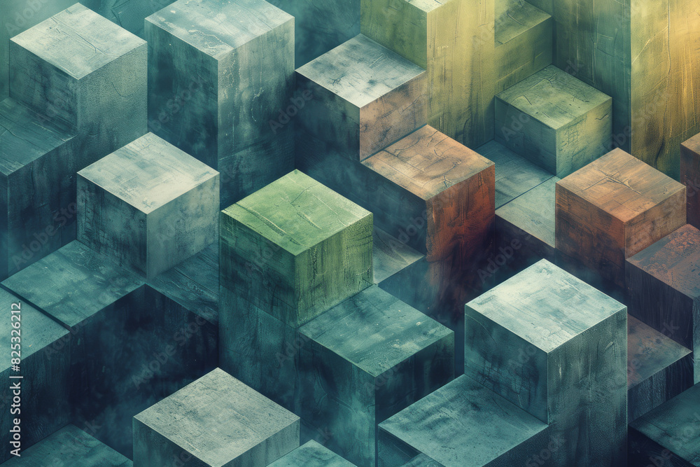 Poster minimalist isometric design with tessellating diamonds in a subtle color palette,