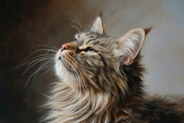 Closeup of a fluffy longhaired tabby cat looking upwards with a dreamy expression