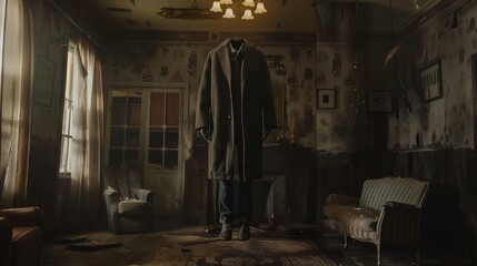 A man with his head in the living room is floating above it, wearing a long coat and jeans