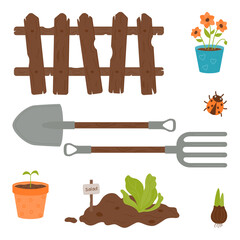 Gardening and planting kit - wooden fence, shovel, pitchfork, potted flowers, lettuce in the ground.