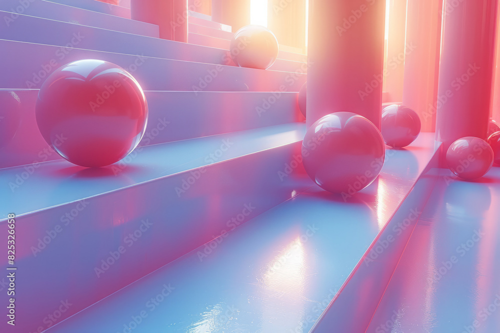 Poster minimalist isometric design featuring floating orbs in a gradient of colors,