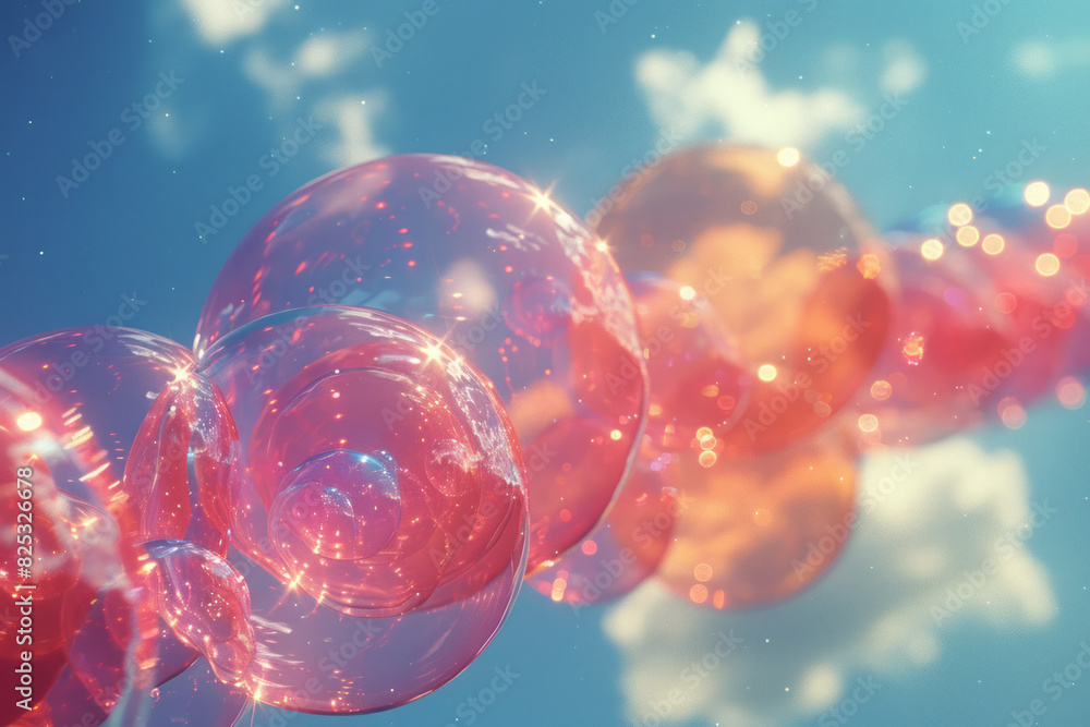Poster minimalist isometric design featuring floating orbs in a gradient of colors,
