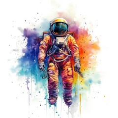 Astronaut walking and wearing colorful astronaut suit with pastel watercolor paintbrush. Image of astronaut painting painted with vibrant watercolor. Space exploration and imagination concept. AIG35.