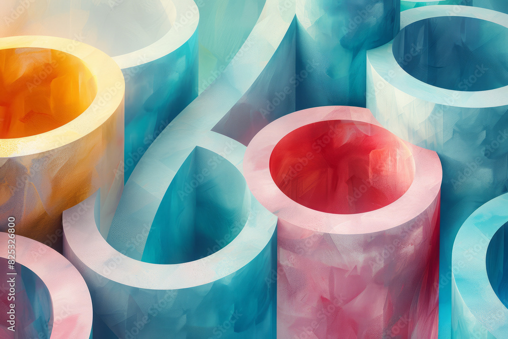 Poster seamless isometric pattern of interconnected circular shapes in soft pastel colors,