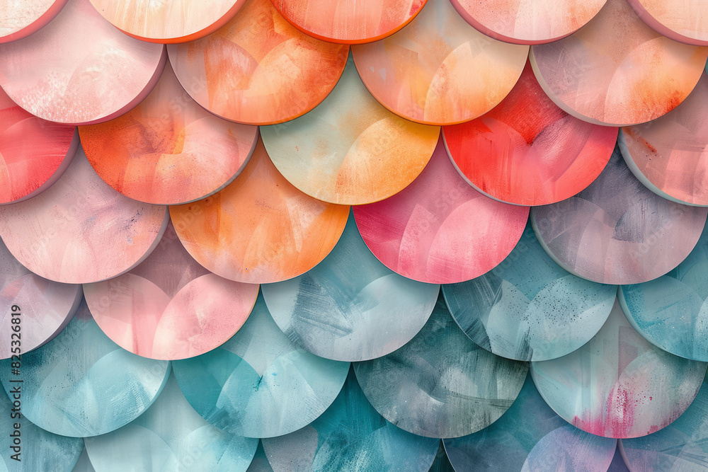 Poster seamless isometric pattern of interconnected circular shapes in soft pastel colors,