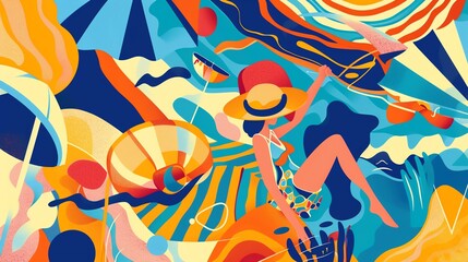 Vibrant abstract illustration of a summer beach scene with sunbathing figures, beach umbrellas, and colorful patterns.