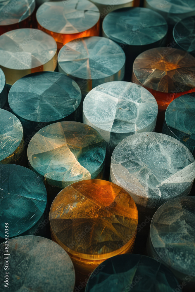 Poster abstract isometric background with layered circular prisms in earthy tones,