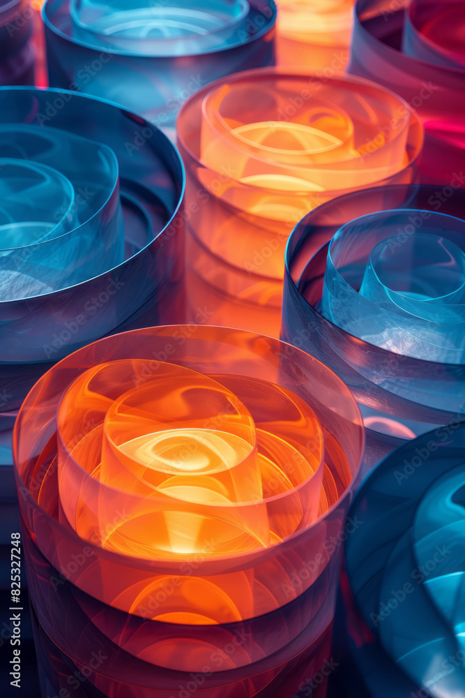 Poster seamless isometric pattern of staggered circular layers in a gradient of warm colors,