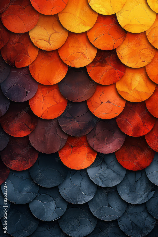 Poster seamless isometric pattern of staggered circular layers in a gradient of warm colors,