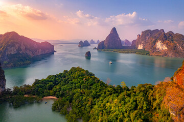 Travel trip on Thailand concept. Beautiful sunset landscape Hong tropical island and Phang Nga bay...