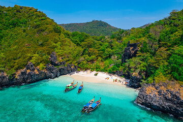 Aerial view of Nui beach and long tail boat in Phi Phi Don island, Krabi. Concept beauty nature of...