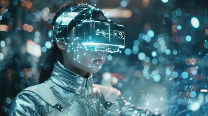 A model dressed as a robot wearing silver clothes and digital glasses, futuristic clothes, with virtual icons . A future technology concept